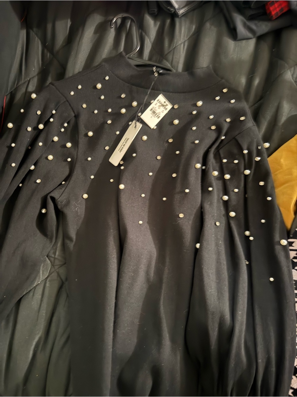 Express Black Pearl-Embellished Long Sleeve Sweater